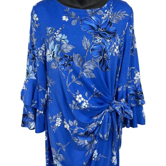 Shelby & Palmer Women Dress Size 10 Blue Floral Short Sleeve Drape Ruffle NWT Ne - Picture 2 of 10